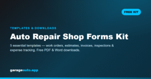 Auto Repair Shop Forms Kit — 5 free printable templates: work order, estimate, invoice, inspection checklist and expense spreadsheet